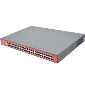 Ein grauer Netzwerk-Switch mit mehreren Ethernet-Ports und roten Akzenten auf der Vorderseite.
