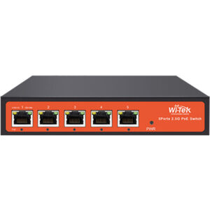 Ein schwarzer Wi-Tek 5-Port 2.5G PoE Switch mit orangefarbener Front, die fünf Ethernet-Anschlüsse zeigt.