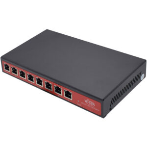 Ein schwarzer Netzwerk-Switch mit acht Ethernet-Anschlüssen auf einer Seite, die Gehäuseunterseite ist rot beschriftet mit der Marke Wi-Tek.