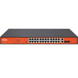 Ein schwarzer und orangefarbener Netzwerk-Switch mit 24 Ethernet-Ports auf der Vorderseite.