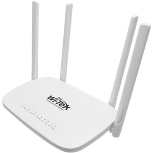 Ein weißer Wi-Fi-Router mit vier Antennen, auf dessen Oberfläche das Logo 'WIFiTex Communication Solution' sichtbar ist.