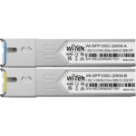 Zwei Wi-Tek SFP-Module mit der Bezeichnung WI-SFP10SC-20KM-A und WI-SFP10SC-20KM-B, ausgelegt für 20 km Reichweite mit SC-Anschluss; die Module sind in einem silbernen Gehäuse mit jeweils einem farbcodierten Hebel in Blau und Gelb ausgestattet.