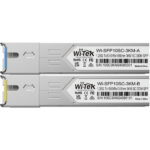 Zwei übereinander liegende SFP-Module der Marke Wi-Tek, gekennzeichnet als WI-SFP10SC-3KM-A und WI-SFP10SC-3KM-B, mit unterschiedlichen Farbkennungen an den Enden, markiert mit technischen Spezifikationen wie 1.25G Tx/Rx und 3KM SC DDM SFP.