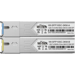 Zwei übereinander liegende SFP-Module der Marke Wi-Tek, gekennzeichnet als WI-SFP10SC-3KM-A und WI-SFP10SC-3KM-B, mit unterschiedlichen Farbkennungen an den Enden, markiert mit technischen Spezifikationen wie 1.25G Tx/Rx und 3KM SC DDM SFP.