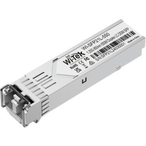 Ein SFP-Modul von Wi-Tek, Modell WI-SFP21L-550, das 1,25G 850nm Leistung bietet, mit Duplex-LC-Anschluss und verschiedenen Sicherheits- und Herkunftskennzeichnungen.