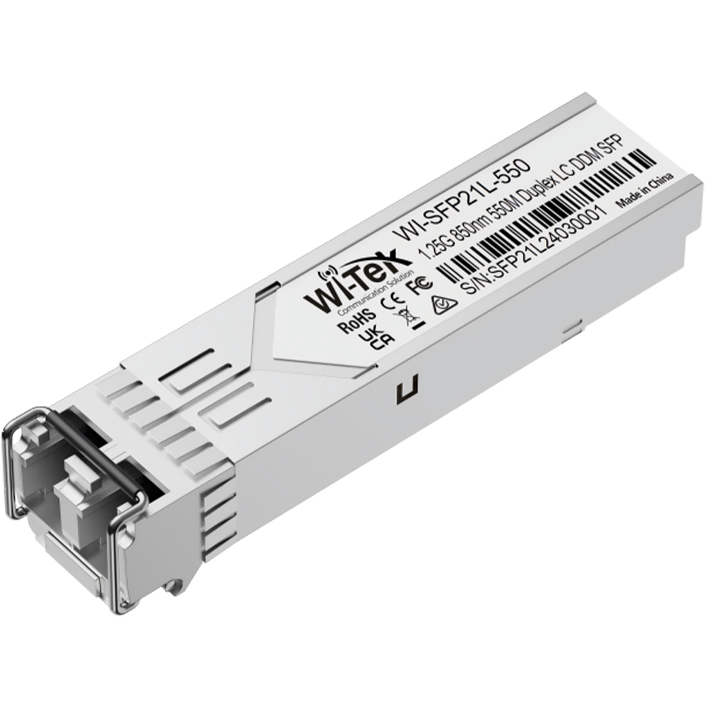 Ein SFP-Modul von Wi-Tek, Modell WI-SFP21L-550, das 1,25G 850nm Leistung bietet, mit Duplex-LC-Anschluss und verschiedenen Sicherheits- und Herkunftskennzeichnungen.