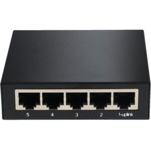 Ein schwarzer Ethernet-Switch mit fünf RJ45-Ports auf der Vorderseite, nummeriert von 1 bis 5, mit der Beschriftung '1-uplink' für den ersten Port.