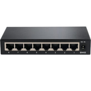 Ein schwarzer 8-Port-Netzwerk-Switch mit nummerierten Ethernet-Anschlüssen von 1 bis 8 und einem Netzteilanschluss (DC IN) auf der rechten Seite.