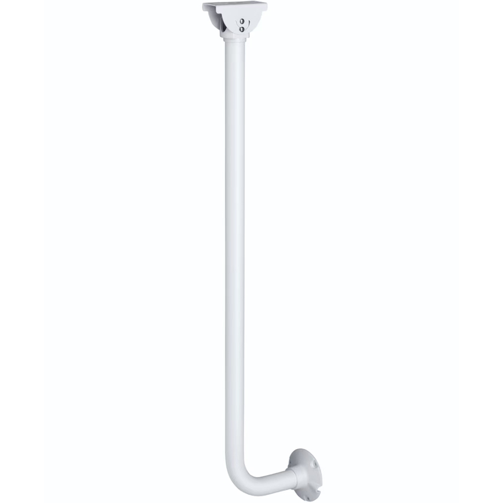 Eine weiße, vertikal ausgerichtete Metallstange, die am oberen Ende eine runde Befestigungshalterung und am unteren Ende eine kleinere Winkelform zur weiteren Montage hat.