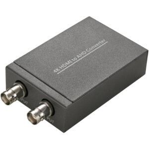 Ein schwarzer 4K HDMI zu AHD Konverter mit zwei Koaxialanschlüssen für Ein- und Ausgang an der Seite.