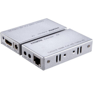 Silberne HDMI-Extender-Geräte, bestehend aus einem Sender (TX) und einem Empfänger (RX), jeweils mit Ports für HDMI, Cat5e/6-Kabel und Infrarotschnittstellen, geeignet für Full HD 1080p Übertragung.