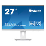 Ein 27-Zoll-Iiyama ProLite XUB2792HSU Monitor mit IPS-Panel und höhenverstellbarem Standfuß, mit blauem Bildschirmhintergrund, der Modellname und Funktionalitäten zeigt.