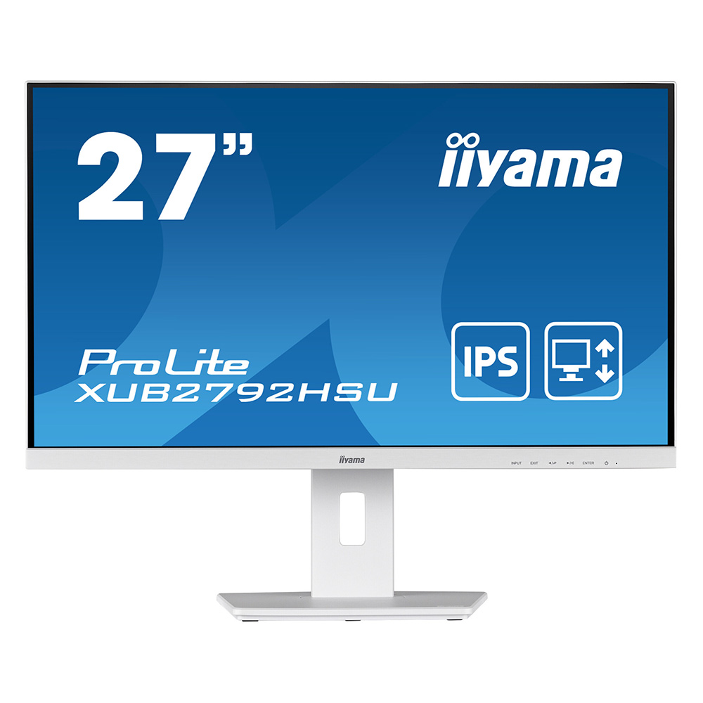 Ein 27-Zoll-Iiyama ProLite XUB2792HSU Monitor mit IPS-Panel und höhenverstellbarem Standfuß, mit blauem Bildschirmhintergrund, der Modellname und Funktionalitäten zeigt.