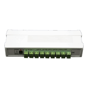 Ein weißer RS-485 Splitter/Opto-Isolator mit grünen Anschlussklemmen und einem Netzschalter an der linken Seite, gekennzeichnet mit 'ORS-8'.