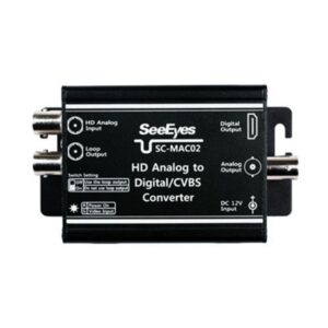 SeeEyes SC-MAC02 HD Analog to Digital/CVBS Converter mit verschiedenen Eingängen und Ausgängen für analoge und digitale Signale, sowie einem 12V Gleichstromeingang.