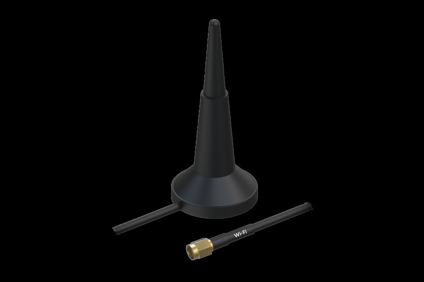 Schwarze Wi-Fi-Antenne mit abnehmbarem Kabel und goldfarbenem Stecker auf schwarzem Hintergrund.