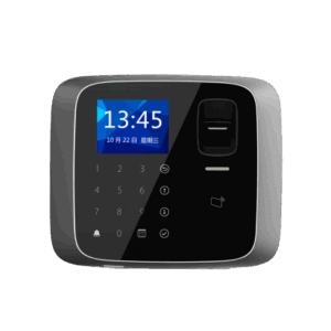 Ein modernes Zeiterfassungsterminal mit einem digitalen Bildschirm, der Uhrzeit und Datum anzeigt, einem Tastenfeld, einem Fingerabdruckscanner und RFID-Symbolen.