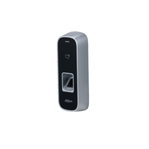 Ein silbernes und schwarzes biometrisches Zugangskontrollgerät mit einem Fingerabdruckscanner und einem kleinen Display auf der Vorderseite.