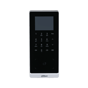 Schwarzes, rechteckiges Zutrittskontrollgerät mit einem Touchscreen, der numerische Tasten und Symbole anzeigt, unter der Marke Dahua.
