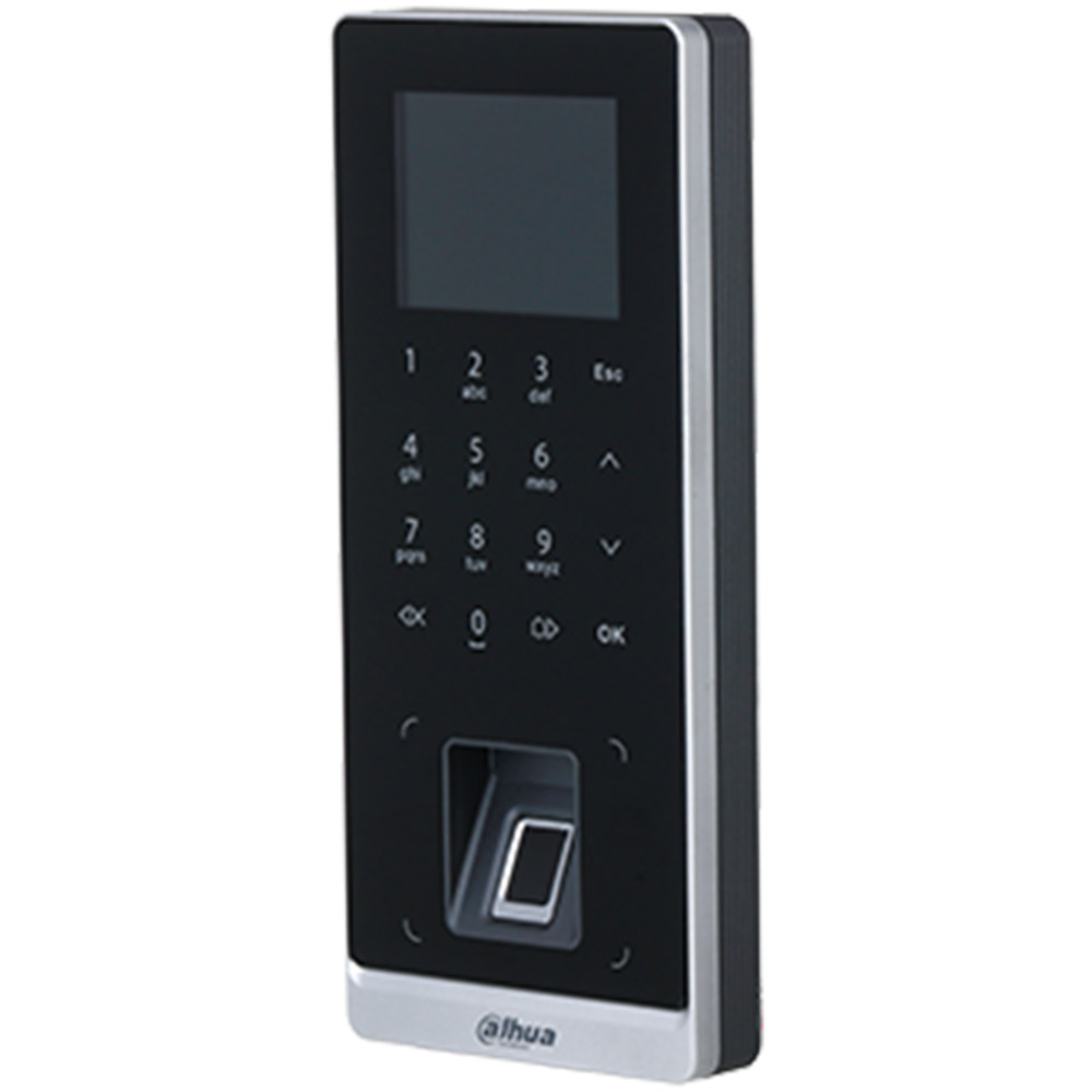 Schwarzes Zugangskontrollpanel mit Tastenfeld, Bildschirm und Fingerabdrucksensor.