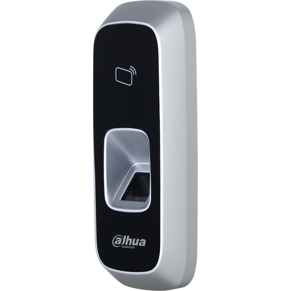 Ein modernes Zugangskontrollgerät von Dahua mit einem schwarzen Frontpanel und silbernen Rändern, das Fingerabdruck- und NFC-Technologie kombiniert.
