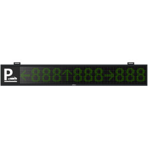 Elektronische Parkplatzanzeige mit P-Symbol und Auto auf der linken Seite, grünen Pfeilen und Ziffern auf der rechten Seite.