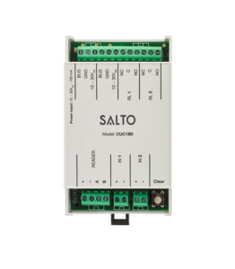 Elektronische Steuereinheit von Salto, Modell CUC1B0, mit mehreren Anschlussklemmen und Beschriftungen auf der Vorderseite.