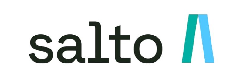 Logo von "salto" mit einem stilisierten blauen und türkisen Buchstaben A am Ende, das wie zwei parallele Linien aussieht.