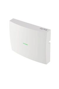 Ein weißes, gebogenes elektronisches Gerät mit der Aufschrift "SALTO" und einem grünen Lichtstreifen auf der Vorderseite.