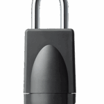 Schwarzes Vorhängeschloss mit elegantem, modernen Design und einem silbernen Bügel.