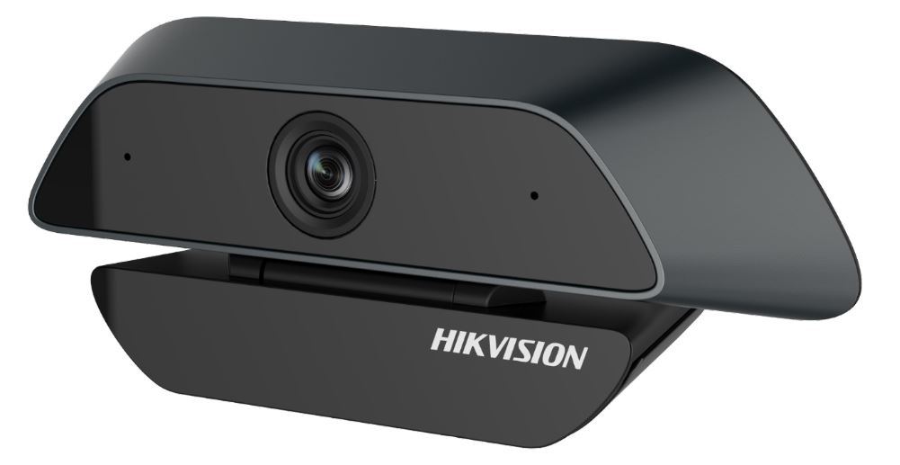 Schwarze Hikvision-Webcam mit abgerundetem Design und zentral platzierter Linse.
