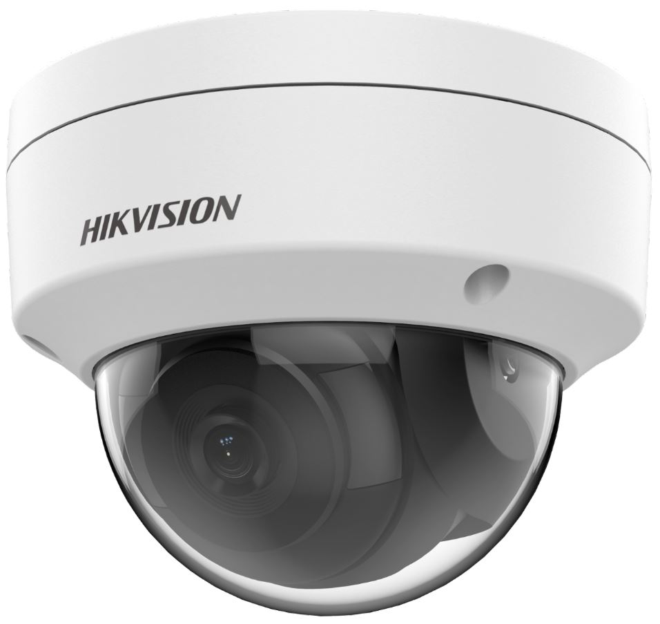 Weiße Dome-Überwachungskamera mit der Aufschrift 'Hikvision' auf der Seite, montiert in einer halbkugelförmigen Abdeckung.
