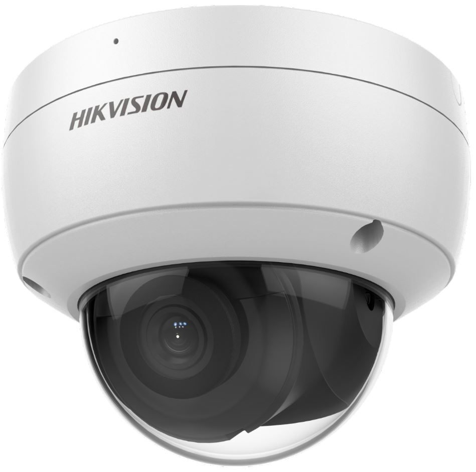 Weiße Sicherheitskamera der Marke Hikvision in Dome-Form, mit einer schwarzen, halbtransparenten Abdeckung, die die Linse schützt.