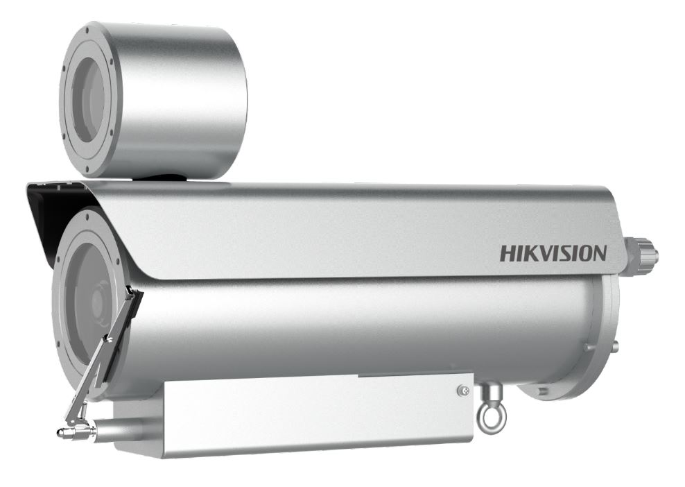 Eine silberne Hikvision CCTV-Kamera mit einem zylinderförmigen Gehäuse und Objektivabdeckung, montiert für den Außenbereich.