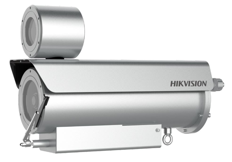 Industriekamera von Hikvision in einem metallischen Zylindergehäuse, ausgestattet mit Wetterschutzabdeckung.