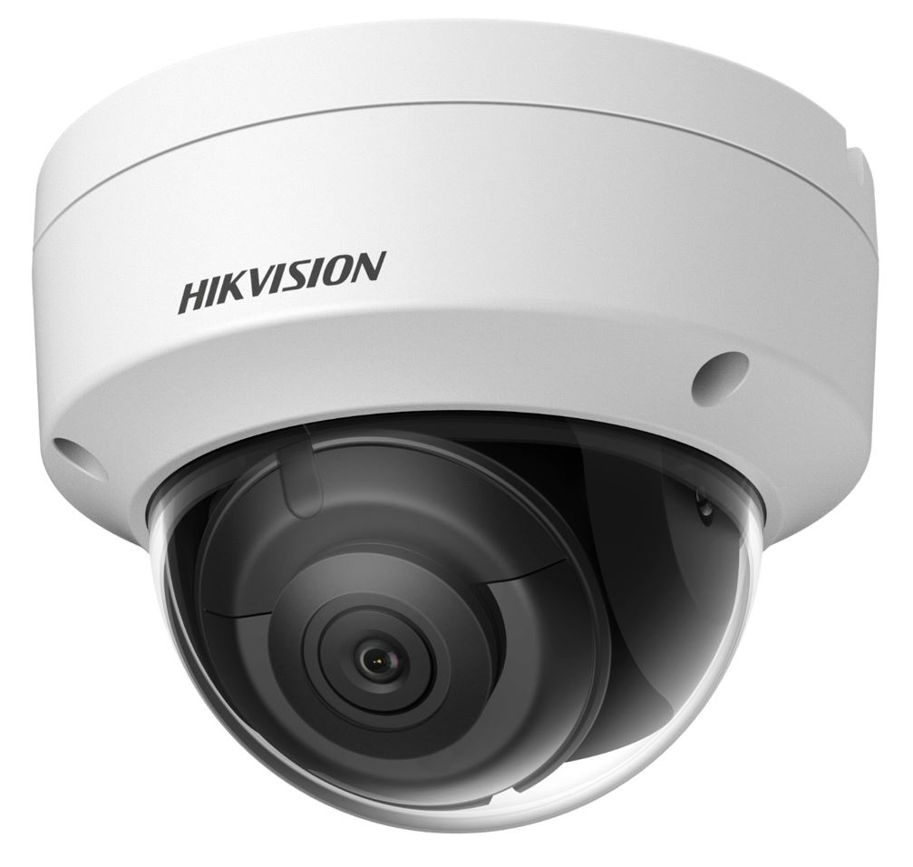 Eine weiße Überwachungskamera von Hikvision in Form einer Kuppel, die für die Deckenmontage geeignet ist.
