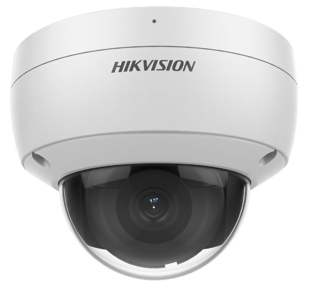 Eine weiße Überwachungskamera der Marke Hikvision mit halbkugelförmigem Design und schwarzem Sichtfenster.