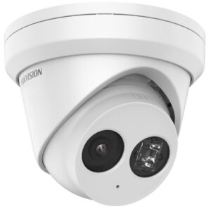 Weißes Überwachungskameraobjekt mit der Aufschrift "Hikvision", das zwei Linsen und Infrarot-LEDs zeigt.