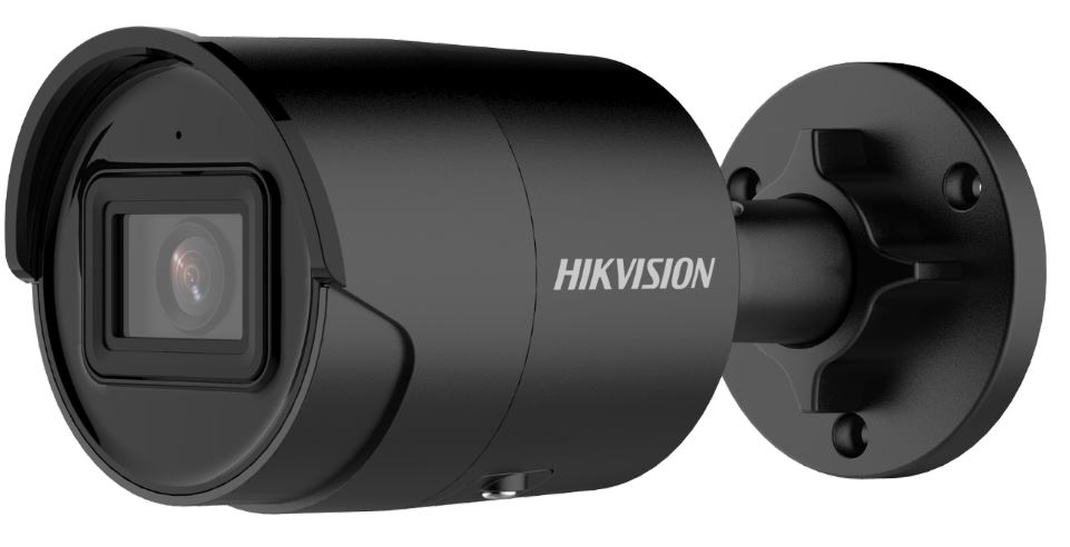 Schwarze Überwachungskamera von Hikvision mit zylindrischem Gehäuse und Wandhalterung.