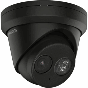 Schwarze kugelförmige Überwachungskamera mit der Aufschrift 'Hikvision' auf dem Gehäuse.