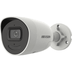 Kompakte Überwachungskamera der Marke Hikvision mit zylindrischem Gehäuse und Wandhalterung.