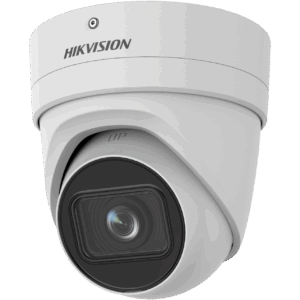 Weiße Überwachungskamera der Marke Hikvision mit klar abgebildetem Objektiv.