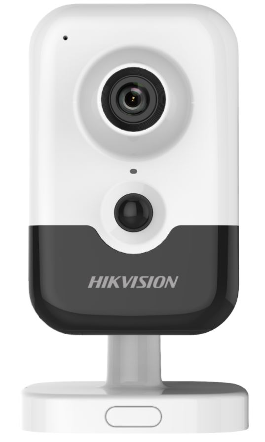 Weiß-schwarze Sicherheitskamera der Marke Hikvision mit rundem Objektiv, montiert auf einem Sockel.