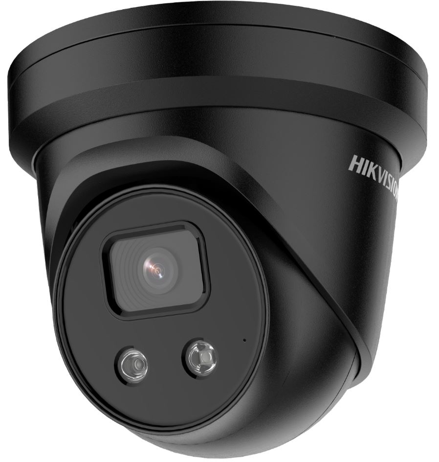 Eine schwarze Überwachungskamera von Hikvision mit abgerundetem Gehäuse und zwei Linsen.