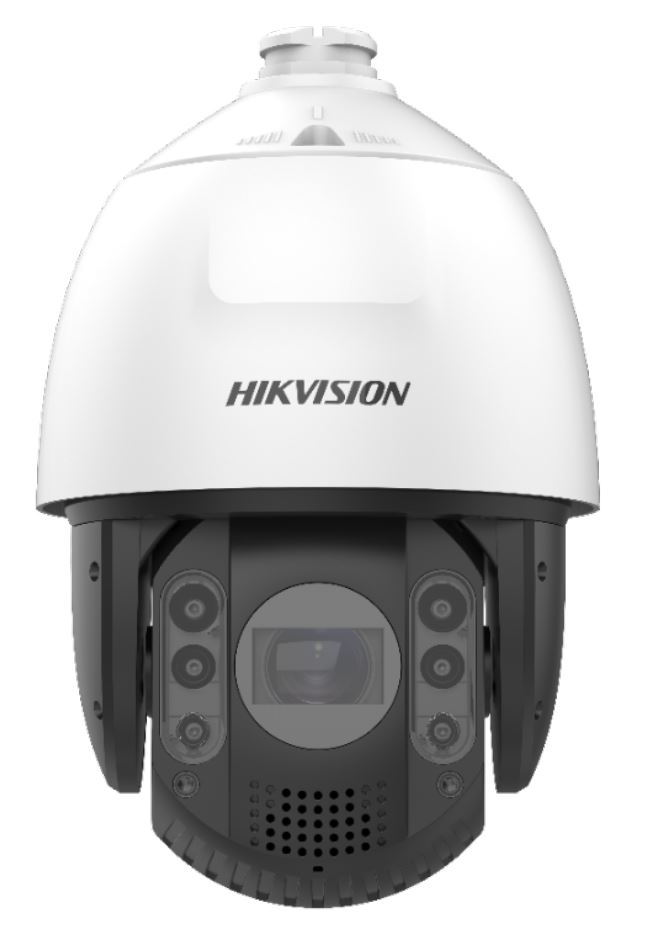 Weiße Überwachungskamera von Hikvision mit schwarzem unteren Teil und mehrfachem Linsen-Layout.