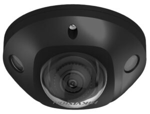 Schwarze Überwachungskamera in Dome-Form mit rundem Gehäuse und sichtbarem Objektiv in der Mitte.