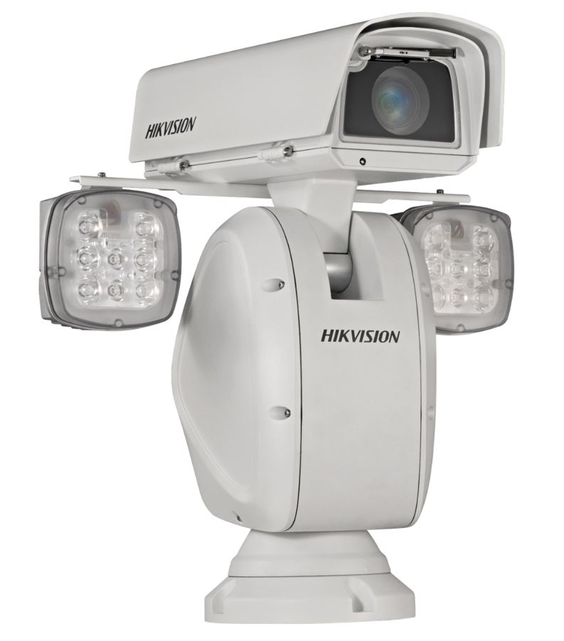 Weiße Hikvision-Kamera mit zwei LED-Lichtern an den Seiten, montiert auf einem schwenkbaren Standfuß.