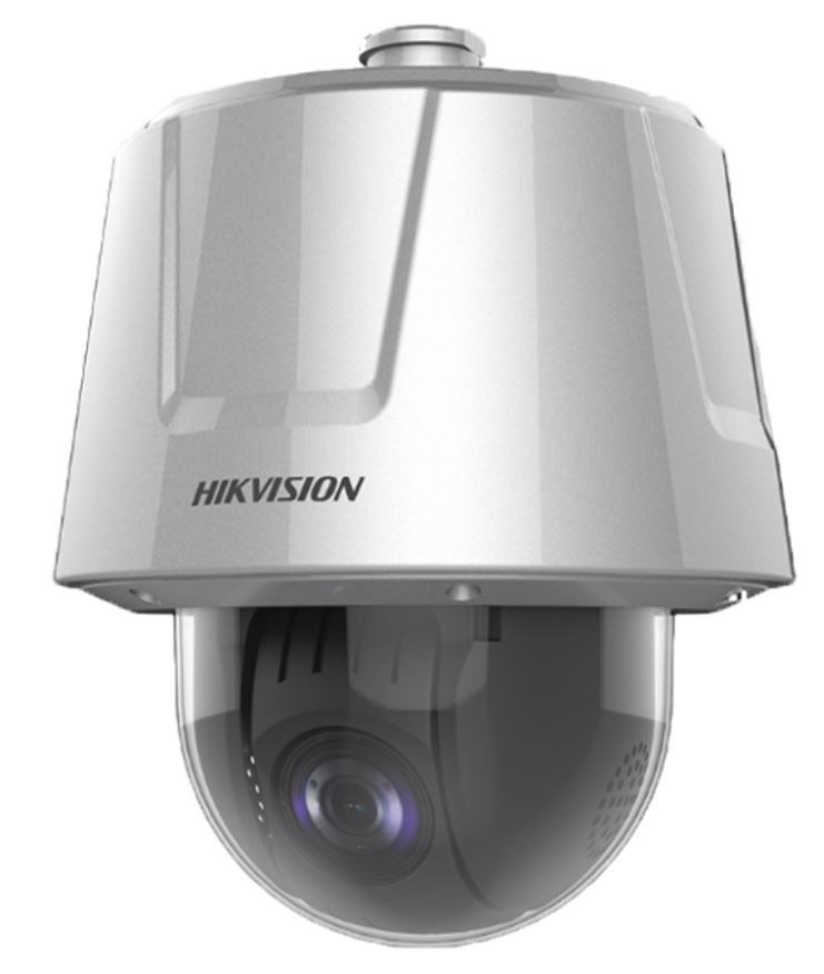 Eine kugelförmige Überwachungskamera von Hikvision in einem silbernen Gehäuse, das oben breiter ist und sich nach unten hin zu einer transparenten Kuppel verjüngt, in der das Objektiv zu sehen ist.