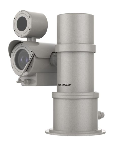 Metallische Überwachungskamera mit zylindrischem Gehäuse von Hikvision, ausgestattet mit zwei runden Linsen.