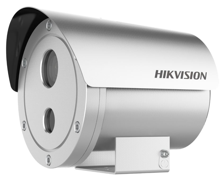 Metallische Überwachungskamera von Hikvision mit abgerundeten Kanten und Schutzdach, auf einem Montagesockel befestigt.